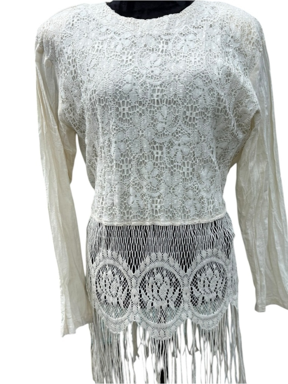 Vintage Choon California Festival Boho Lace Fringe Ivory Tunic Size 8 - Picture 3 of 8